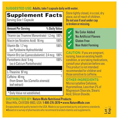 Nature Made Focus Boost Kapseln – Grüner Tee Koffein + L-Theanin, B-Vitamine, schnell wirkendes Konzentrations-Supplement, 30 Kapseln, 30-Tage-Vorrat