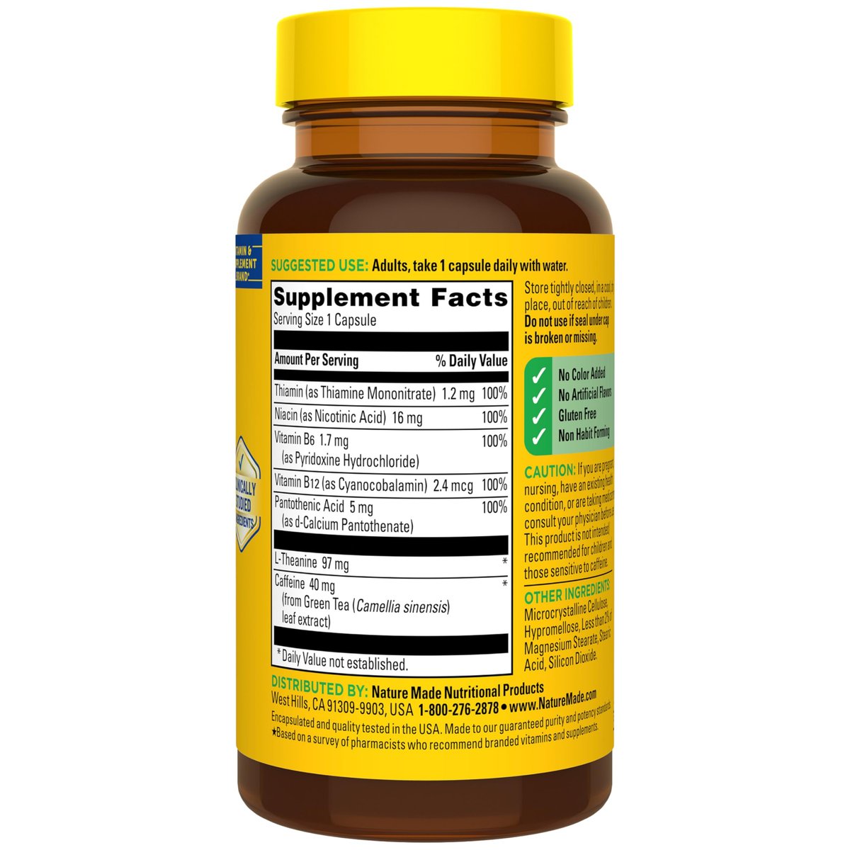 Nature Made Focus Boost Kapseln – Grüner Tee Koffein + L-Theanin, B-Vitamine, schnell wirkendes Konzentrations-Supplement, 30 Kapseln, 30-Tage-Vorrat