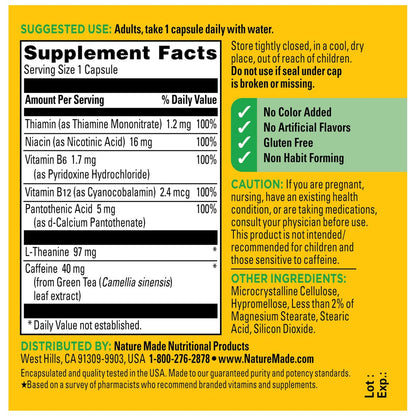 Nature Made Focus Boost Kapseln – Grüner Tee Koffein + L-Theanin, B-Vitamine, schnell wirkendes Konzentrations-Supplement, 30 Kapseln, 30-Tage-Vorrat