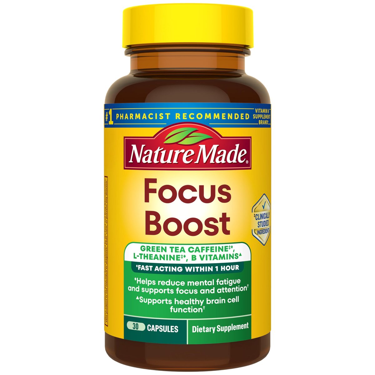Nature Made Focus Boost Kapseln – Grüner Tee Koffein + L-Theanin, B-Vitamine, schnell wirkendes Konzentrations-Supplement, 30 Kapseln, 30-Tage-Vorrat
