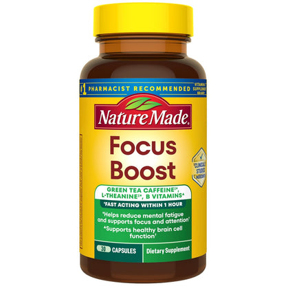 Nature Made Focus Boost Kapseln – Grüner Tee Koffein + L-Theanin, B-Vitamine, schnell wirkendes Konzentrations-Supplement, 30 Kapseln, 30-Tage-Vorrat