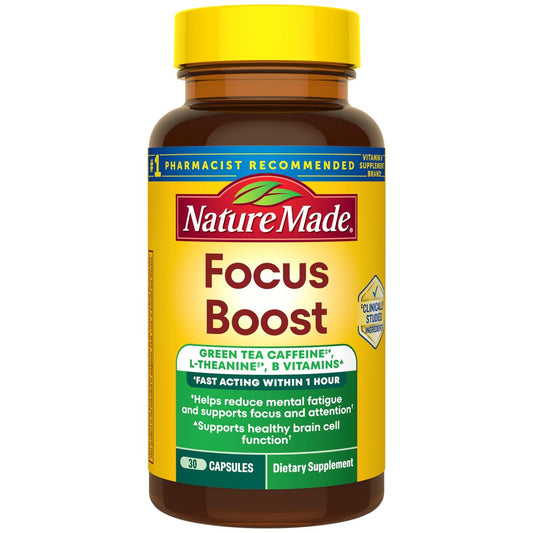 Nature Made Focus Boost Kapseln – Grüner Tee Koffein + L-Theanin, B-Vitamine, schnell wirkendes Konzentrations-Supplement, 30 Kapseln, 30-Tage-Vorrat