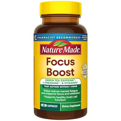 Nature Made Focus Boost Kapseln – Grüner Tee Koffein + L-Theanin, B-Vitamine, schnell wirkendes Konzentrations-Supplement, 30 Kapseln, 30-Tage-Vorrat