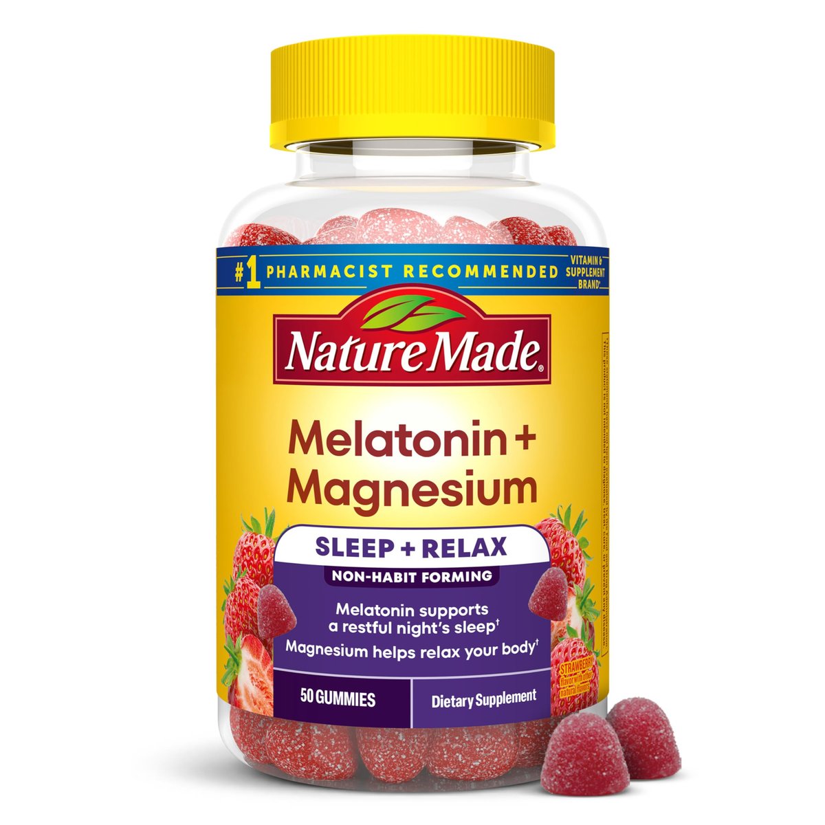 Nature Made Melatonin + Magnesium Gummies – Einschlafhilfe mit 3 mg Melatonin und Magnesiumcitrat, 50 Gummis