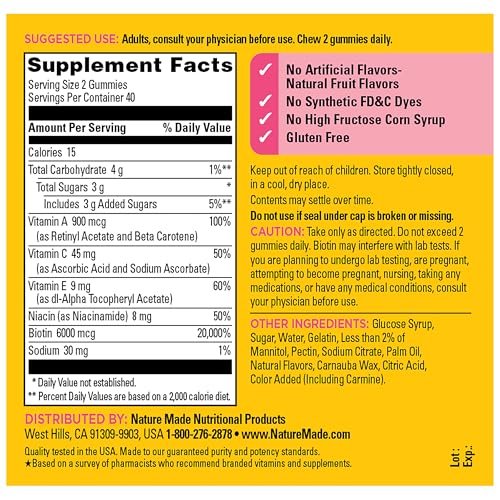 Nature Made Advanced Hair, Haut & Nägel Gummibärchen mit Biotin, Pro Retinol A, Niacinamid, Vitamin C & Vitamin E, 80 Stück, 40 Tage Vorrat