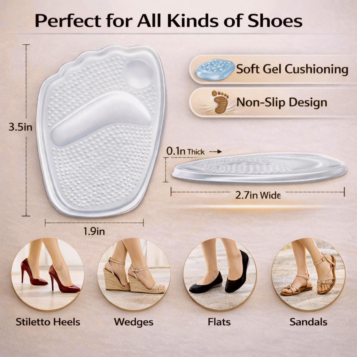 KTSAY Metatarsal Pads für Frauen, Gel Ballenpolster zur Schmerzlinderung im Schuh, rutschfeste Fersenpolster, Einheitsgröße (2 Paar, Transparent)