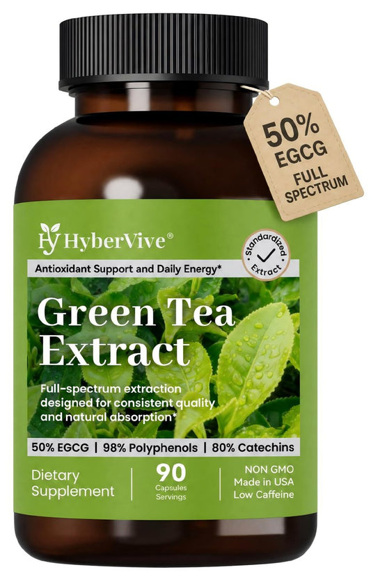 HyberVive Grüntee-Extrakt 450 mg, hochwirksam mit 50 % EGCG (standardisiert), 98 % Polyphenole & 80 % Catechine, Antioxidans & Stoffwechselunterstützung, natürlich koffeinarm, Non-GMO, hergestellt in den USA, 90 Kapseln