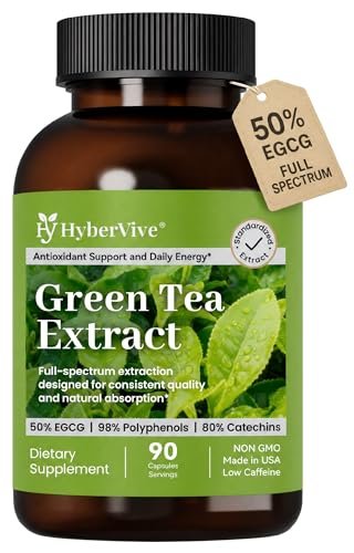HyberVive Grüntee-Extrakt 450 mg, hochwirksam mit 50 % EGCG (standardisiert), 98 % Polyphenole & 80 % Catechine, Antioxidans & Stoffwechselunterstützung, natürlich koffeinarm, Non-GMO, hergestellt in den USA, 90 Kapseln