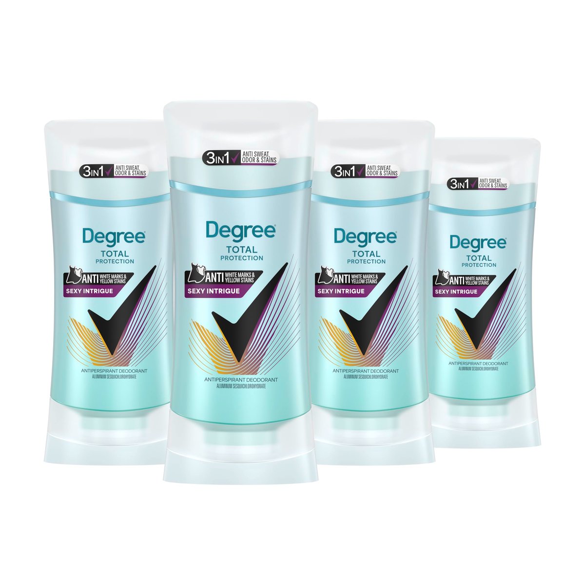 Degree 3in1 Antiperspirant Deodorant 4er-Pack Sexy Intrigue – 72h Schutz vor Schweiß, Geruch & Flecken (2,6 oz)