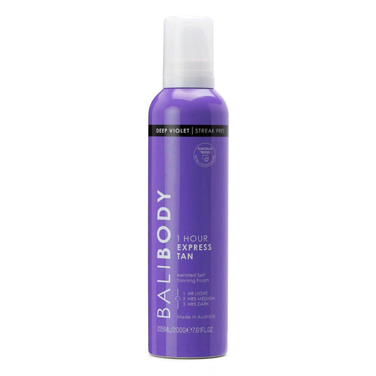 BALI BODY Deep Violet 1-Stunden-Express-Selbstbräuner – Schnellwirkender, gewichtsloser Selbstbräuner für natürliche Bronze – Kein Abfärben, feuchtigkeitsspendender Quick Tan Mousse für geschmeidige, strahlende Haut
