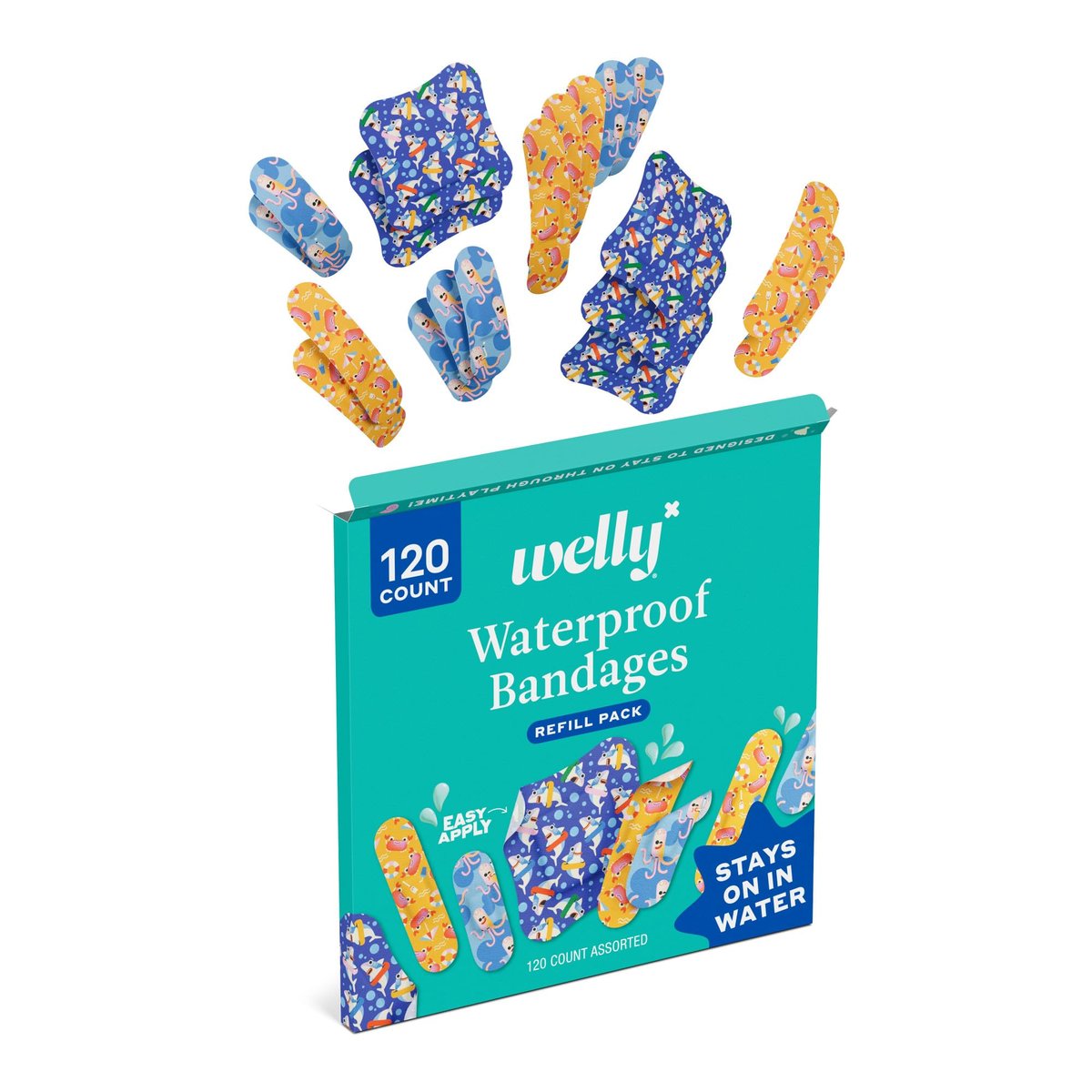 Welly Bandage Ocean Friends Nachfüllpackung | Splashflex wasserfeste Pflaster für kleine Schnitte und Schrammen | 120 Stück