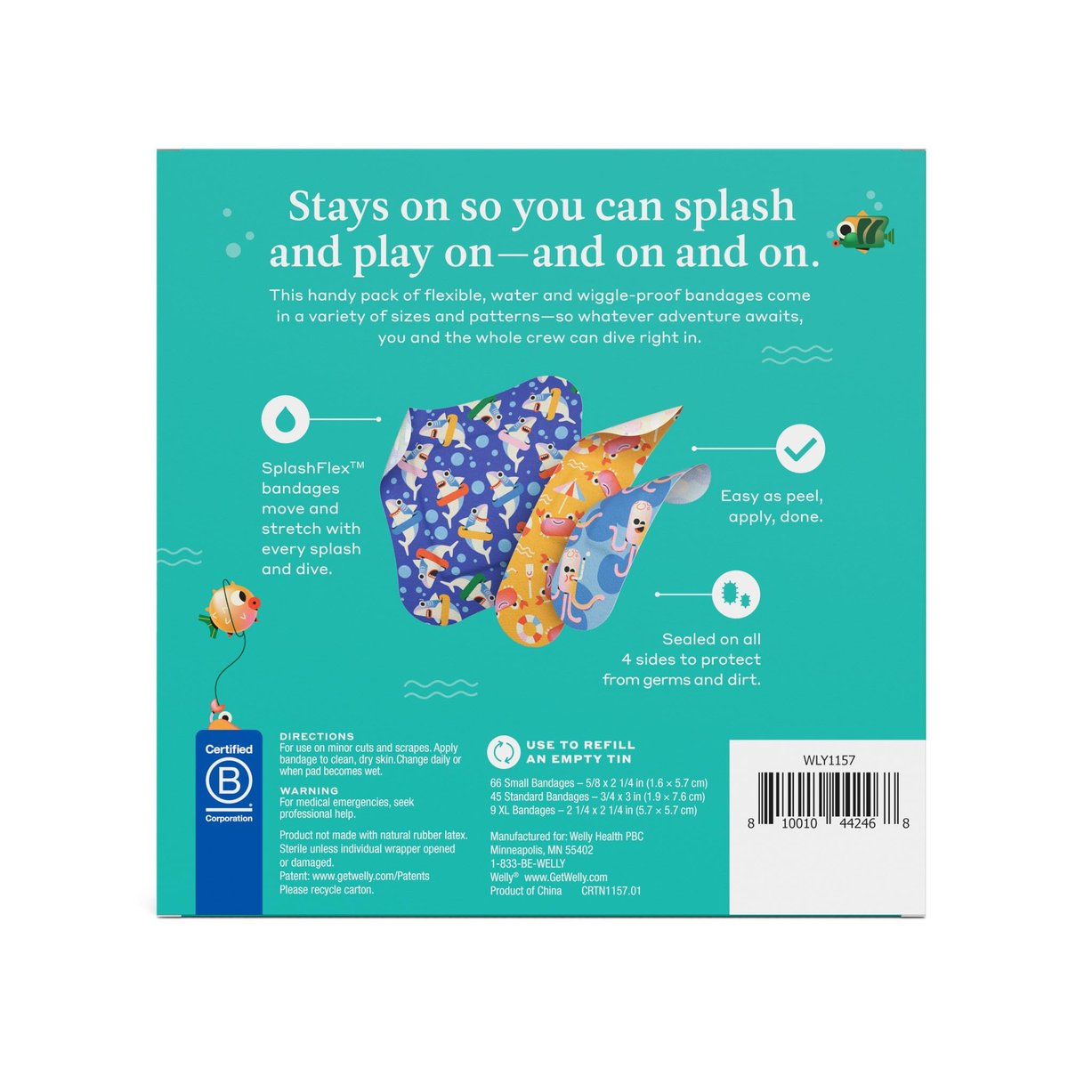 Welly Bandage Ocean Friends Nachfüllpackung | Splashflex wasserfeste Pflaster für kleine Schnitte und Schrammen | 120 Stück