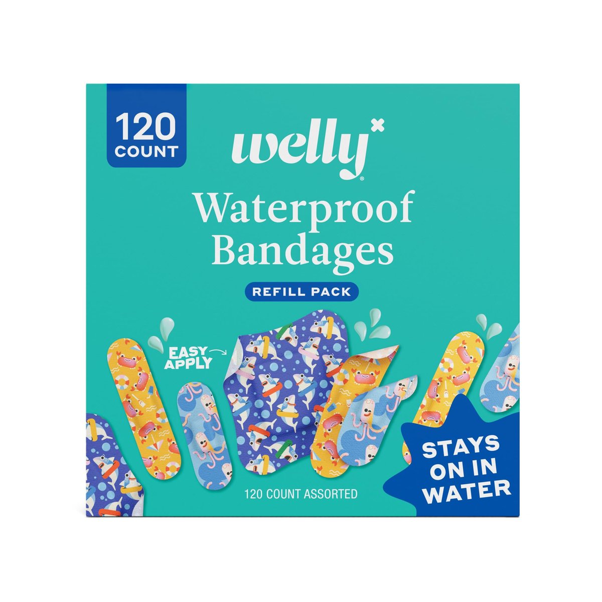 Welly Bandage Ocean Friends Nachfüllpackung | Splashflex wasserfeste Pflaster für kleine Schnitte und Schrammen | 120 Stück