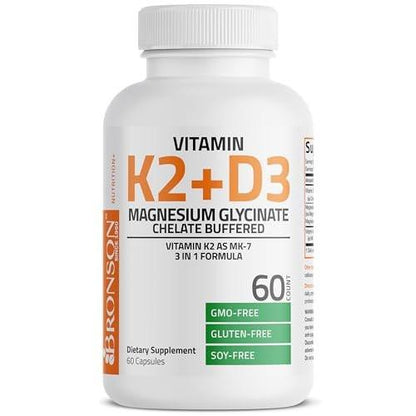 Bronson Vitamin K2 + D3 + Magnesium Glycinat – 3-in-1 Formel – 60 Kapseln