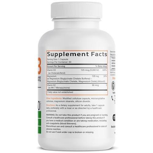 Bronson Vitamin K2 + D3 + Magnesium Glycinat – 3-in-1 Formel – 60 Kapseln