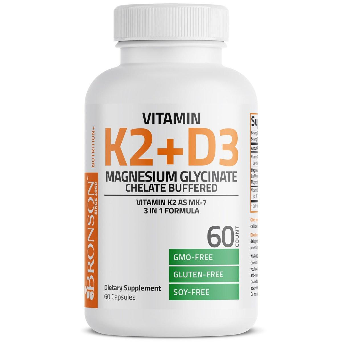 Bronson Vitamin K2 + D3 + Magnesium Glycinat – 3-in-1 Formel – 60 Kapseln