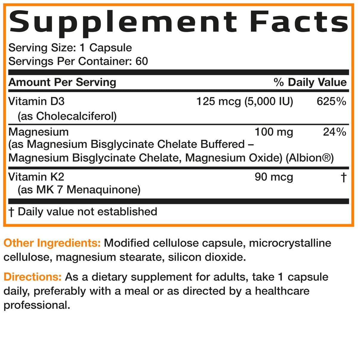Bronson Vitamin K2 + D3 + Magnesium Glycinat – 3-in-1 Formel – 60 Kapseln