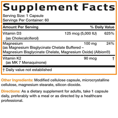 Bronson Vitamin K2 + D3 + Magnesium Glycinat – 3-in-1 Formel – 60 Kapseln