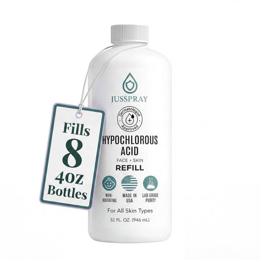 Jusspray™ Hypochlorige Säure Spray für Gesicht und Haut | HOCI Gesichtsreiniger Nebel | 32oz Nachfüllpackung Hypochlorige Säure für Gesicht, Haut, Akne, Ekzeme, Körperakne Sprays, Piercing Nachsorge, Wundlösung