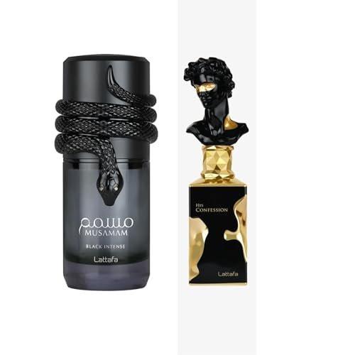 Lattafa Musamam Black Intense & His Confession Eau De Parfum Spray für Herren – Luxuriöses arabisches Duft-Duo – Lang anhaltender, kräftiger & holziger Duft-Set (2x100 ml)