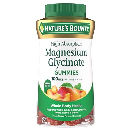 Nature's Bounty Magnesium Glycinat Gummis mit hoher Absorption, 100 mg Magnesium pro Portion, für die Gesundheit des gesamten Körpers, klebefreie Gummis, Pfirsich-Mango-Geschmack – vegetarisch & glutenfrei – 60 Stück/30 Portionen