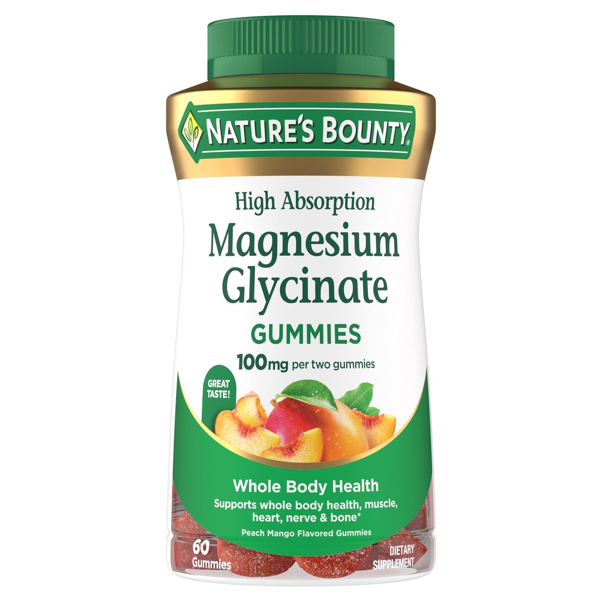 Nature's Bounty Magnesium Glycinat Gummis mit hoher Absorption, 100 mg Magnesium pro Portion, für die Gesundheit des gesamten Körpers, klebefreie Gummis, Pfirsich-Mango-Geschmack – vegetarisch & glutenfrei – 60 Stück/30 Portionen