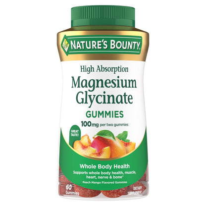 Nature's Bounty Magnesium Glycinat Gummis mit hoher Absorption, 100 mg Magnesium pro Portion, für die Gesundheit des gesamten Körpers, klebefreie Gummis, Pfirsich-Mango-Geschmack – vegetarisch & glutenfrei – 60 Stück/30 Portionen