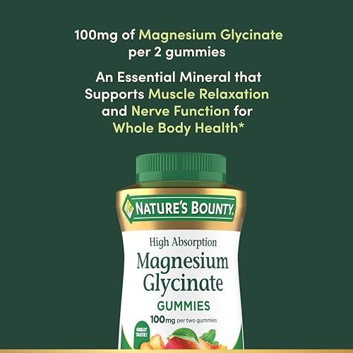 Nature's Bounty Magnesium Glycinat Gummis mit hoher Absorption, 100 mg Magnesium pro Portion, für die Gesundheit des gesamten Körpers, klebefreie Gummis, Pfirsich-Mango-Geschmack – vegetarisch & glutenfrei – 60 Stück/30 Portionen
