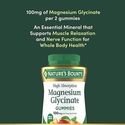 Nature's Bounty Magnesium Glycinat Gummis mit hoher Absorption, 100 mg Magnesium pro Portion, für die Gesundheit des gesamten Körpers, klebefreie Gummis, Pfirsich-Mango-Geschmack – vegetarisch & glutenfrei – 60 Stück/30 Portionen
