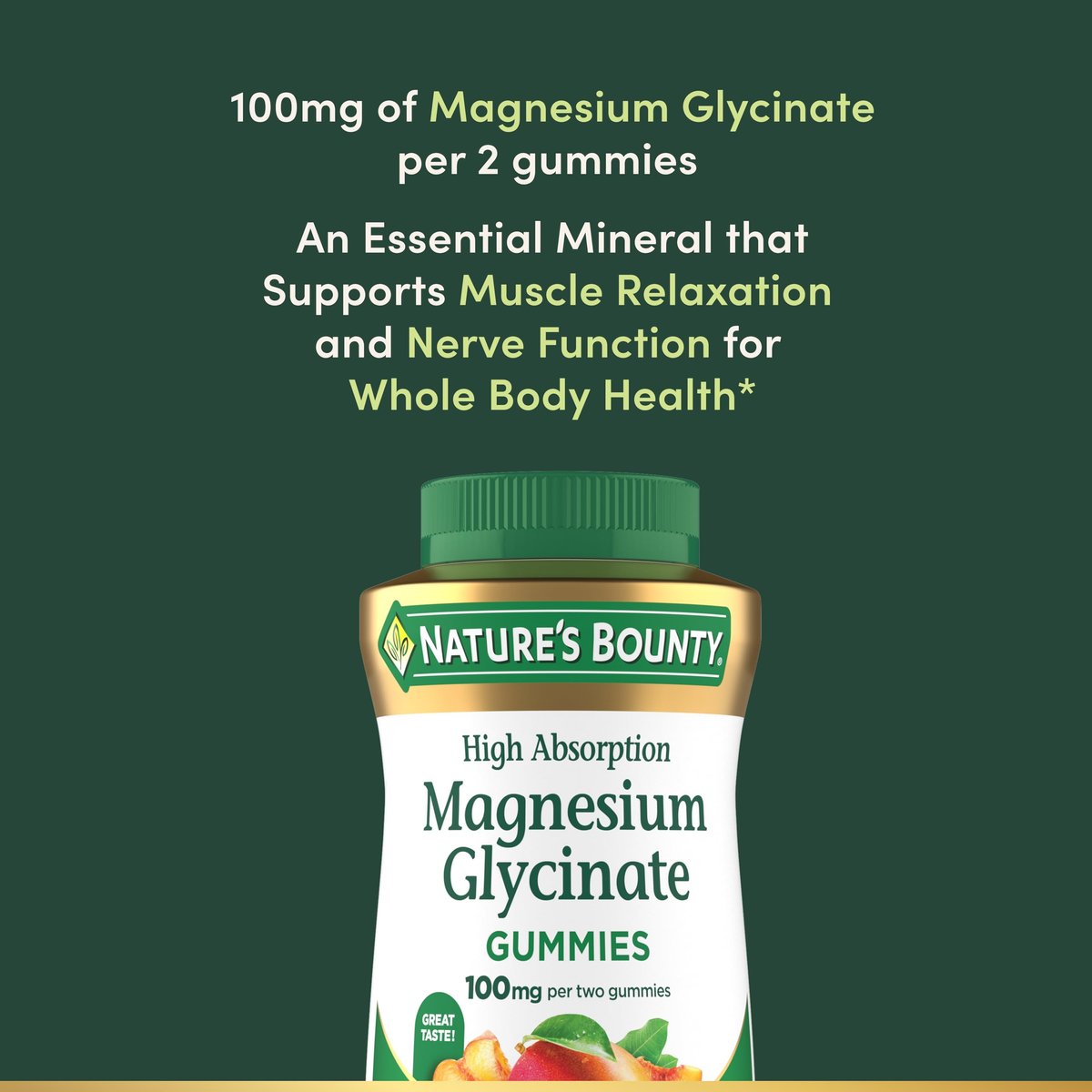 Nature's Bounty Magnesium Glycinat Gummis mit hoher Absorption, 100 mg Magnesium pro Portion, für die Gesundheit des gesamten Körpers, klebefreie Gummis, Pfirsich-Mango-Geschmack – vegetarisch & glutenfrei – 60 Stück/30 Portionen