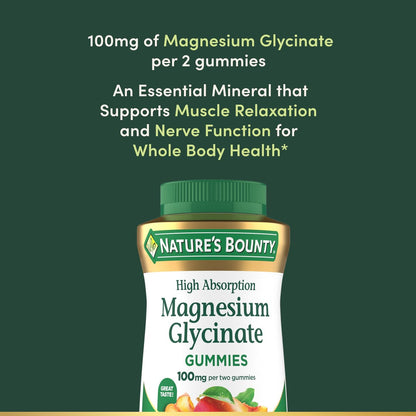 Nature's Bounty Magnesium Glycinat Gummis mit hoher Absorption, 100 mg Magnesium pro Portion, für die Gesundheit des gesamten Körpers, klebefreie Gummis, Pfirsich-Mango-Geschmack – vegetarisch & glutenfrei – 60 Stück/30 Portionen