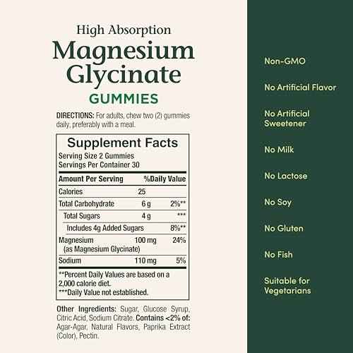 Nature's Bounty Magnesium Glycinat Gummis mit hoher Absorption, 100 mg Magnesium pro Portion, für die Gesundheit des gesamten Körpers, klebefreie Gummis, Pfirsich-Mango-Geschmack – vegetarisch & glutenfrei – 60 Stück/30 Portionen