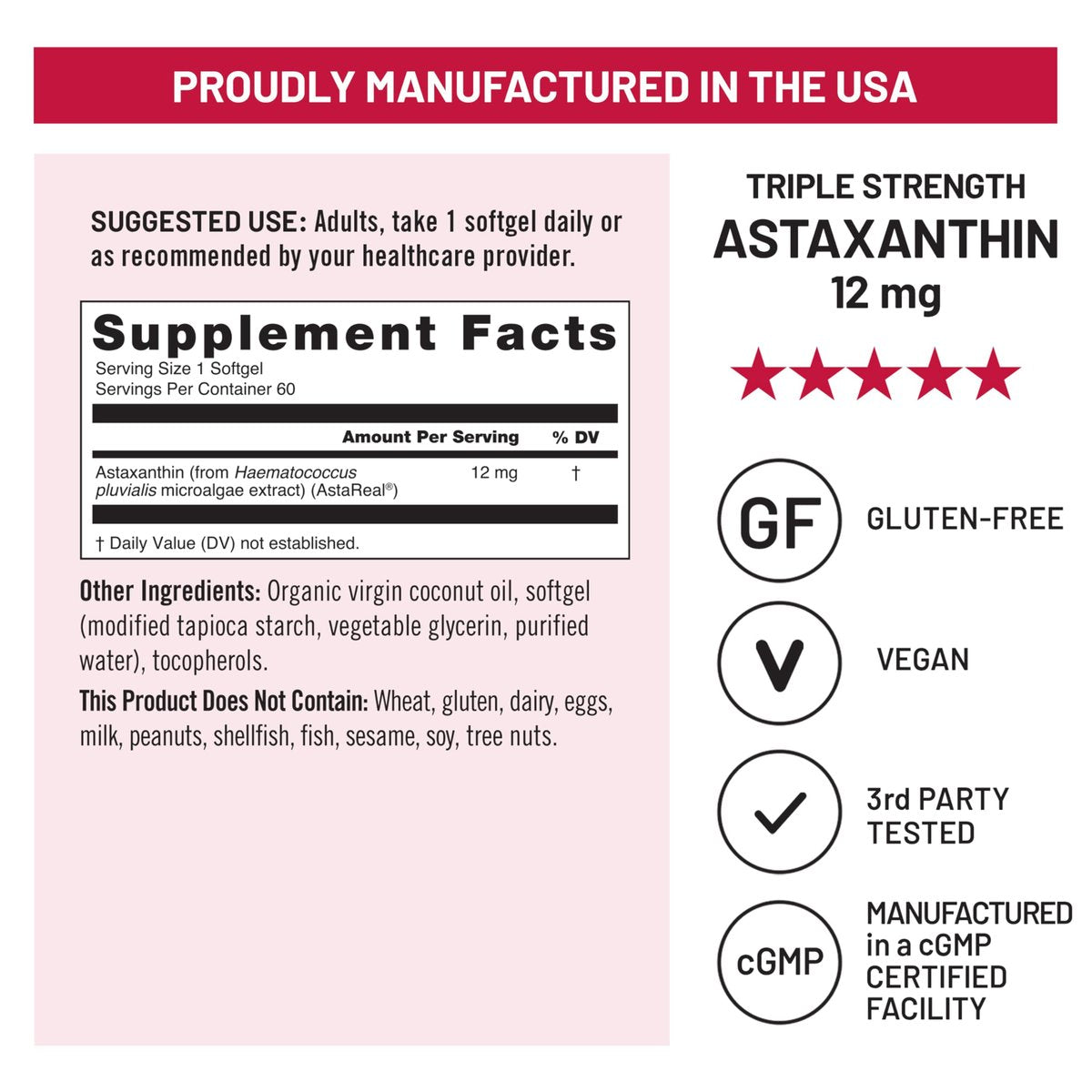 NatureWise Triple Strength Astaxanthin 12mg mit AstaReal® - Veganes Antioxidans mit Bio-Kokosöl - NSF zertifiziert glutenfrei, 60 Weichkapseln [60 Tage Vorrat]