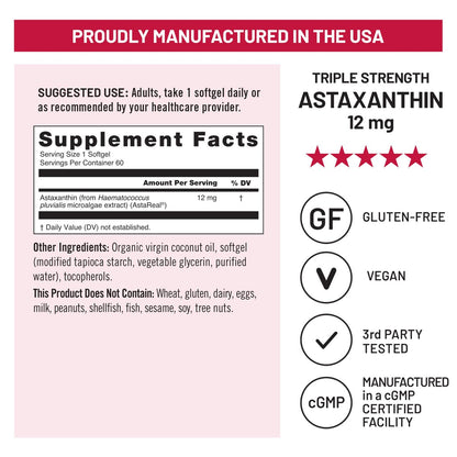 NatureWise Triple Strength Astaxanthin 12mg mit AstaReal® - Veganes Antioxidans mit Bio-Kokosöl - NSF zertifiziert glutenfrei, 60 Weichkapseln [60 Tage Vorrat]