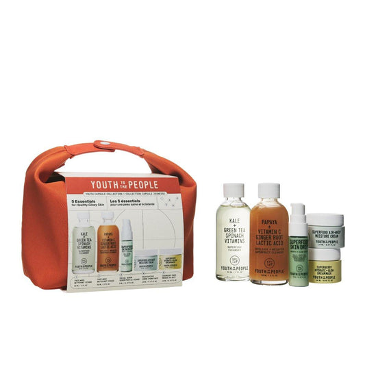 Youth To The People Youth Capsule Collection – Reise-Pflegeset für unterwegs – 5-teiliges Set mit Superfood-Gesichtsreiniger und Reisetasche