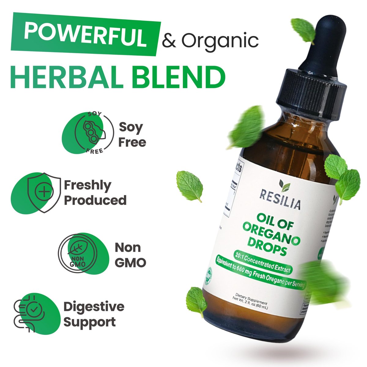 Resilia Premium Oregano Öl Tropfen – Hochdosiert 34 mg pro Portion – Pflanzliche Antioxidantien für die Immununterstützung – Nicht-GMO, einfach anzuwendendes flüssiges Nahrungsergänzungsmittel, 60 ml