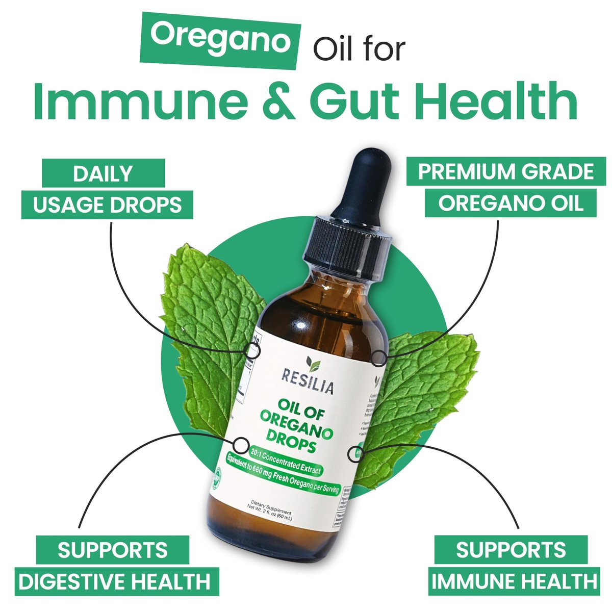 Resilia Premium Oregano Öl Tropfen – Hochdosiert 34 mg pro Portion – Pflanzliche Antioxidantien für die Immununterstützung – Nicht-GMO, einfach anzuwendendes flüssiges Nahrungsergänzungsmittel, 60 ml