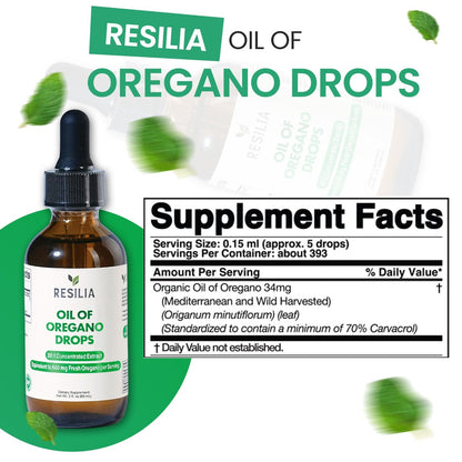 Resilia Premium Oregano Öl Tropfen – Hochdosiert 34 mg pro Portion – Pflanzliche Antioxidantien für die Immununterstützung – Nicht-GMO, einfach anzuwendendes flüssiges Nahrungsergänzungsmittel, 60 ml