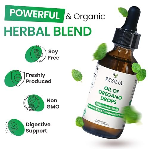 Resilia Premium Oregano Öl Tropfen – Hochdosiert 34 mg pro Portion – Pflanzliche Antioxidantien für die Immununterstützung – Nicht-GMO, einfach anzuwendendes flüssiges Nahrungsergänzungsmittel, 60 ml
