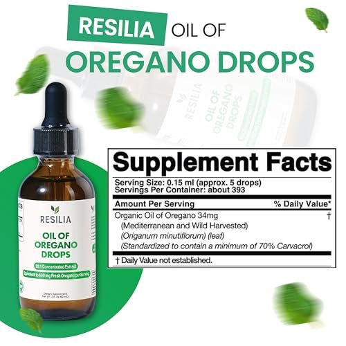 Resilia Premium Oregano Öl Tropfen – Hochdosiert 34 mg pro Portion – Pflanzliche Antioxidantien für die Immununterstützung – Nicht-GMO, einfach anzuwendendes flüssiges Nahrungsergänzungsmittel, 60 ml