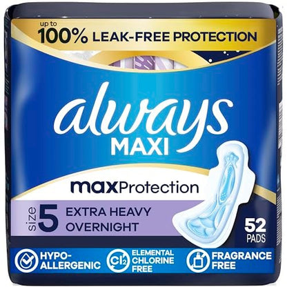 Always Maxi Overnight Damenbinden mit Flügeln für Frauen, Größe 5, Extra starke Saugfähigkeit für die Nacht, unparfümiert, bis zu 100 % auslaufsicherer Schutz, 52 Stück
