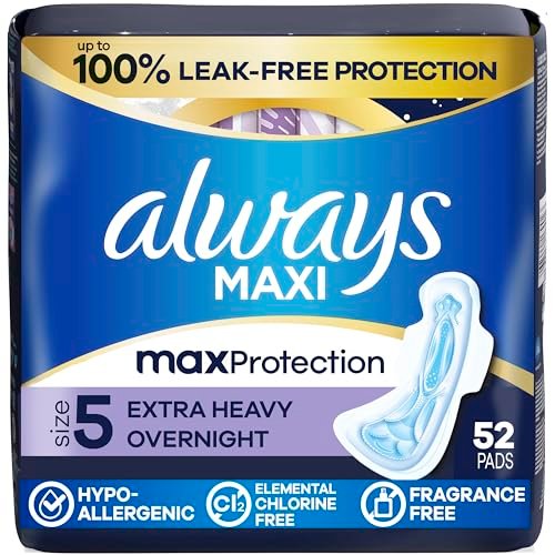 Always Maxi Overnight Damenbinden mit Flügeln für Frauen, Größe 5, Extra starke Saugfähigkeit für die Nacht, unparfümiert, bis zu 100 % auslaufsicherer Schutz, 52 Stück