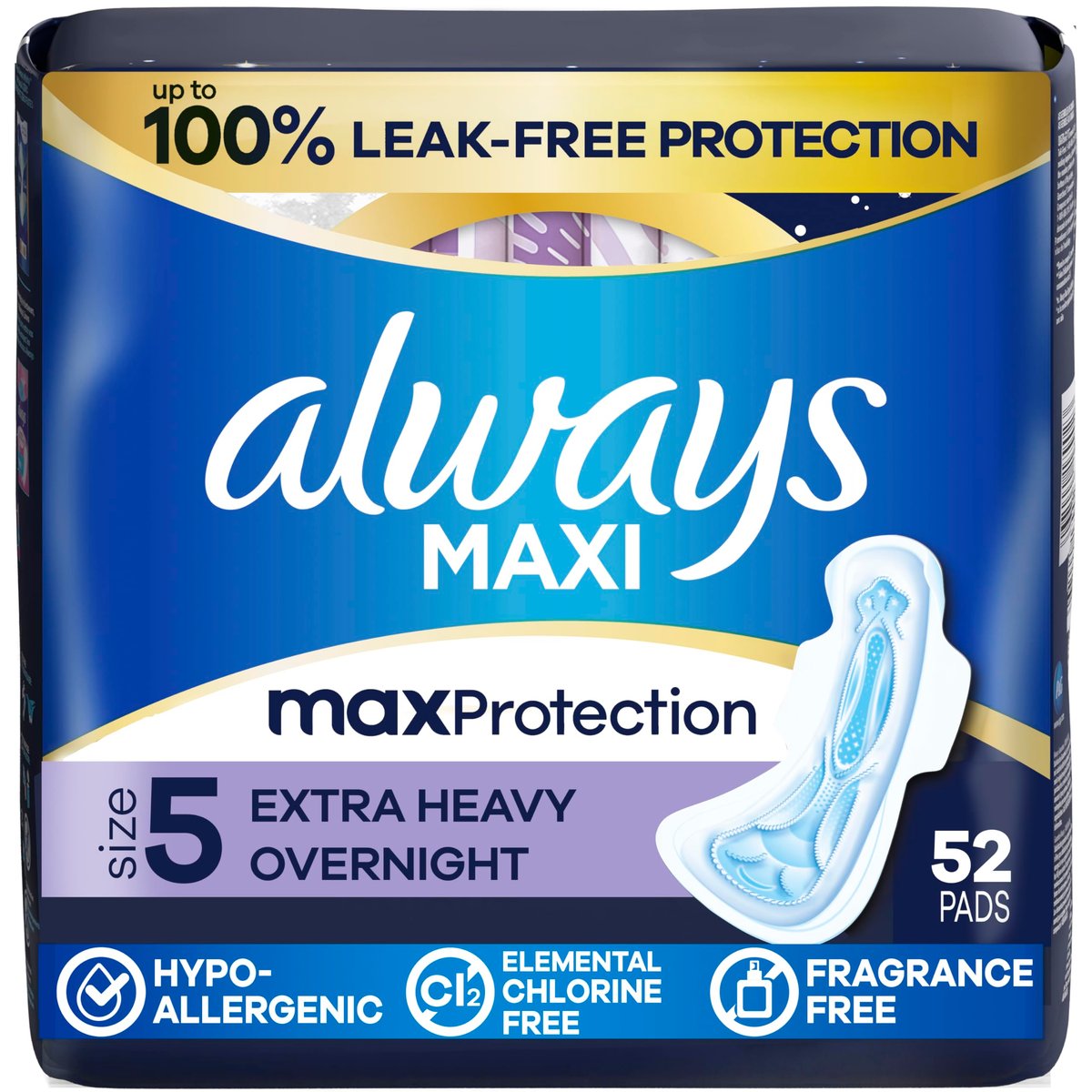 Always Maxi Overnight Damenbinden mit Flügeln für Frauen, Größe 5, Extra starke Saugfähigkeit für die Nacht, unparfümiert, bis zu 100 % auslaufsicherer Schutz, 52 Stück