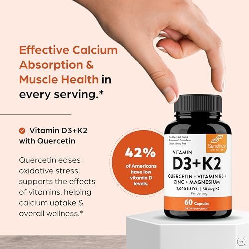 Sandhu's Vitamin D3 K2 Magnesium 2000 IE, 50mcg K2 Kapseln, 60 Stück (1 Packung) | mit Vitamin B6, Zink & Quercetin | Unterstützt Absorption, Energie, Immunsystem & Muskelfunktion für Männer & Frauen