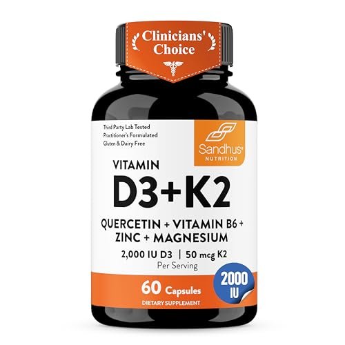 Sandhu's Vitamin D3 K2 Magnesium 2000 IE, 50mcg K2 Kapseln, 60 Stück (1 Packung) | mit Vitamin B6, Zink & Quercetin | Unterstützt Absorption, Energie, Immunsystem & Muskelfunktion für Männer & Frauen