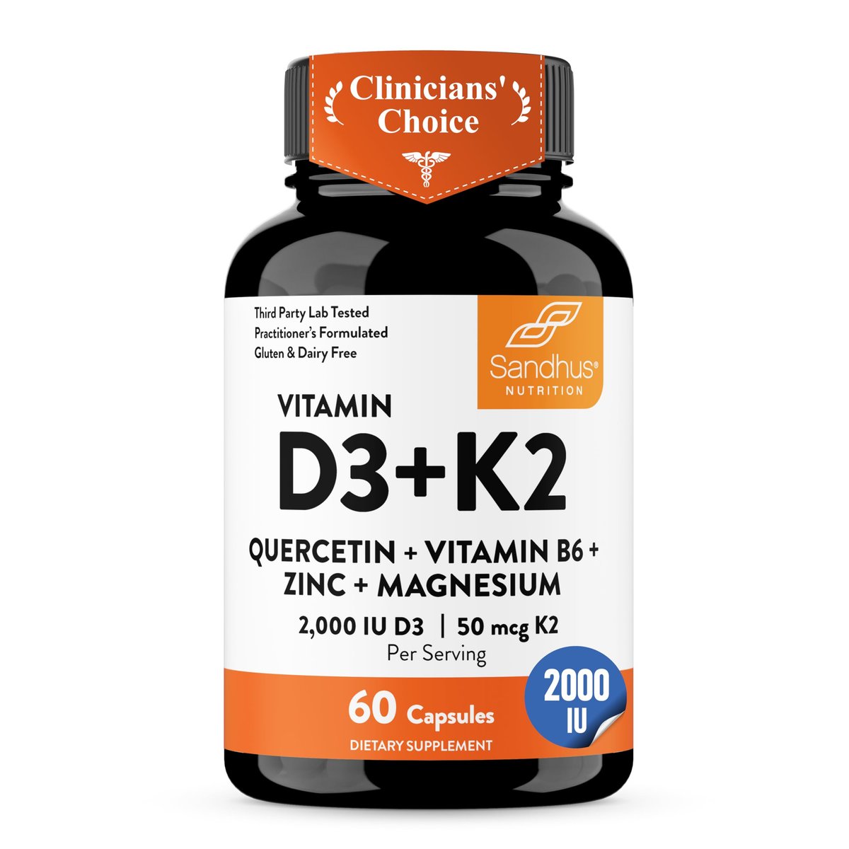 Sandhu's Vitamin D3 K2 Magnesium 2000 IE, 50mcg K2 Kapseln, 60 Stück (1 Packung) | mit Vitamin B6, Zink & Quercetin | Unterstützt Absorption, Energie, Immunsystem & Muskelfunktion für Männer & Frauen