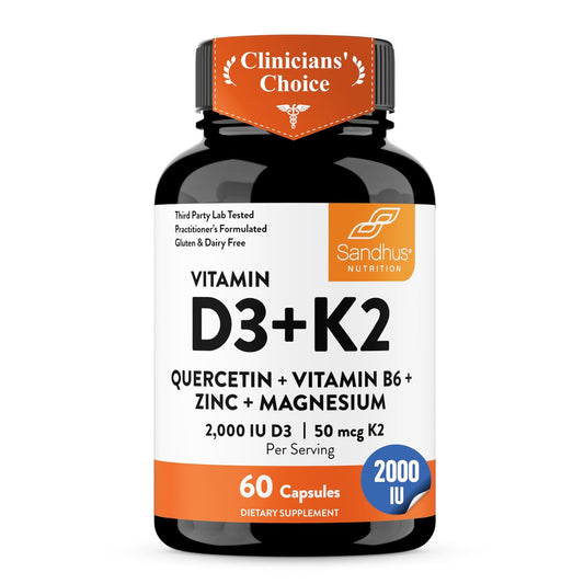 Sandhu's Vitamin D3 K2 Magnesium 2000 IE, 50mcg K2 Kapseln, 60 Stück (1 Packung) | mit Vitamin B6, Zink & Quercetin | Unterstützt Absorption, Energie, Immunsystem & Muskelfunktion für Männer & Frauen