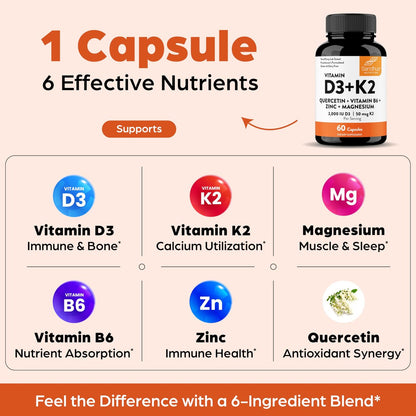 Sandhu's Vitamin D3 K2 Magnesium 2000 IE, 50mcg K2 Kapseln, 60 Stück (1 Packung) | mit Vitamin B6, Zink & Quercetin | Unterstützt Absorption, Energie, Immunsystem & Muskelfunktion für Männer & Frauen