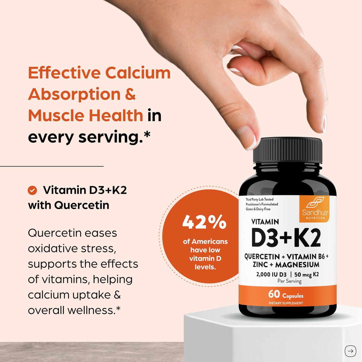 Sandhu's Vitamin D3 K2 Magnesium 2000 IE, 50mcg K2 Kapseln, 60 Stück (1 Packung) | mit Vitamin B6, Zink & Quercetin | Unterstützt Absorption, Energie, Immunsystem & Muskelfunktion für Männer & Frauen