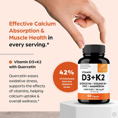 Sandhu's Vitamin D3 K2 Magnesium 2000 IE, 50mcg K2 Kapseln, 60 Stück (1 Packung) | mit Vitamin B6, Zink & Quercetin | Unterstützt Absorption, Energie, Immunsystem & Muskelfunktion für Männer & Frauen